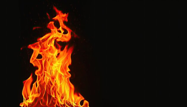 A vibrant flame ignites against a dark, void background, with small sparks dancing in the air.