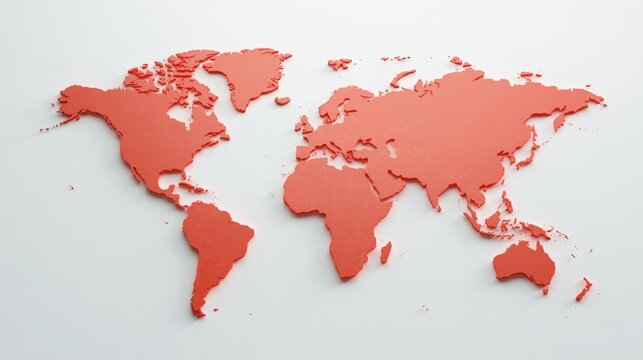 Three dimensional red map isolated on a white background, showing physical relief, and depth for, global business presentations
