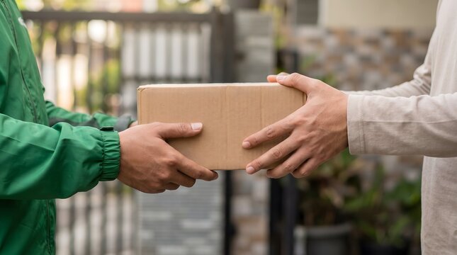 Courier delivering a cardboard parcel package to a customer at home, shipping service and online shopping