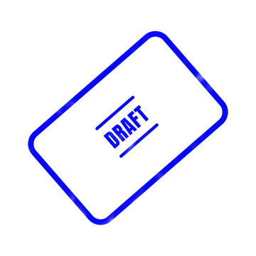 A simple hand drawn blue draft stamp illustration is presented on a clean white background ideal for clearly marking documents as preliminary versions