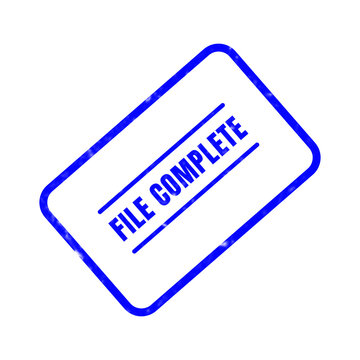 A blue rubber stamp style illustration shows a file is completed with a rectangular frame and the words file complete inside the border