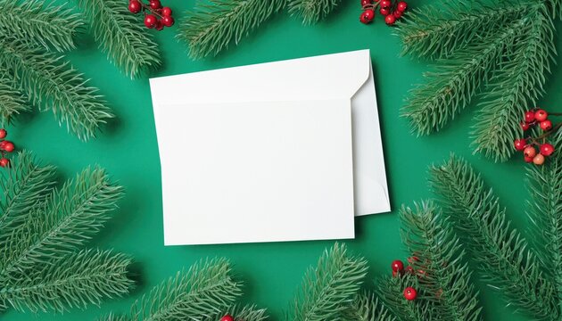 A blank white card and envelope are framed by festive pine branches with red berries on a green background.