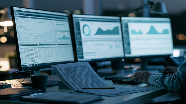 Analyst desk with three monitors showing charts and data dashboards at dawn, with a shallow depth of field