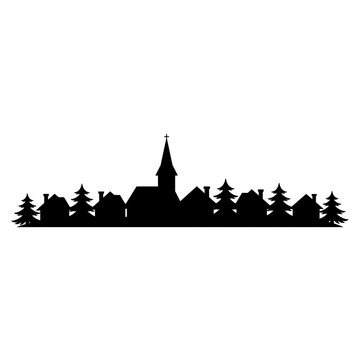 Christmas village skyline silhouette, winter town black vector art