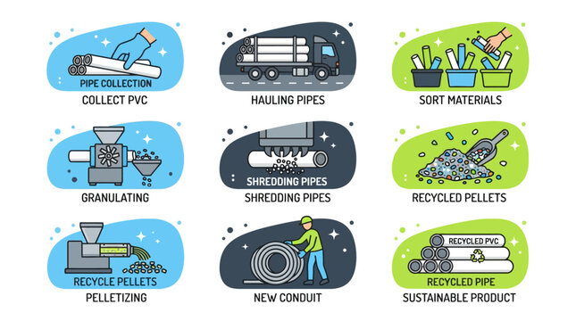 Industrial plastic recycling and pipe manufacturing process icons.