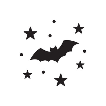 Minimalist line art of a cratered full moon with bats flying across clouds.