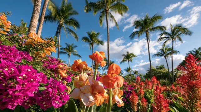 Tropical landscape with vibrant pink bougainvillea and orange canna lilies under tall palm trees against a blue sky with clouds