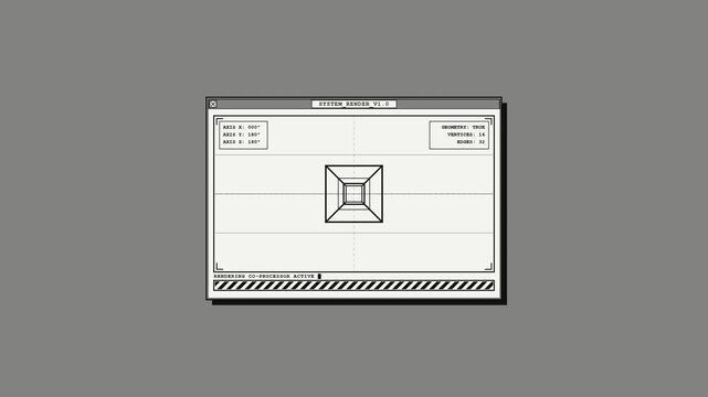 Retro Computer Interface with Rotating 3D Wireframe Cube