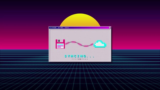 Retro Synthwave Style Cloud Synchronization Progress Bar Animation