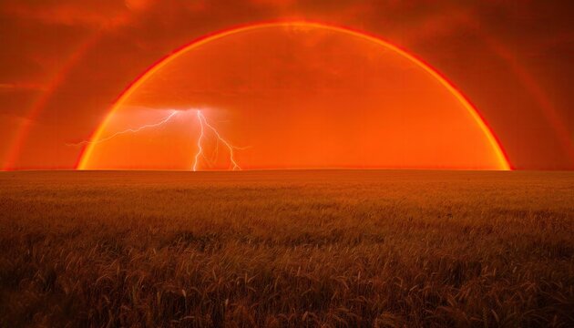 Dramatic lightning strike illuminates a double rainbow over a golden wheat field.