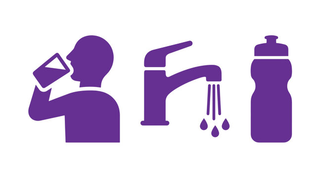 Graphic set showing human drinking water tap reusable sports bottle icon drinking hydration refreshment lifestyle plumbing wellness reusable consumption