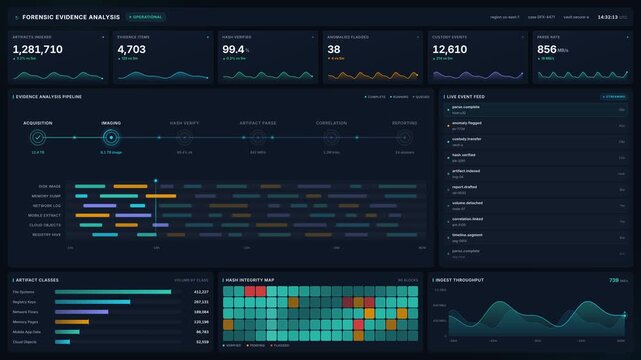 Advanced digital forensic evidence analysis dashboard in 4k, with real time data metrics, charts, pipeline tracking for cyber security investigations threat hunting
