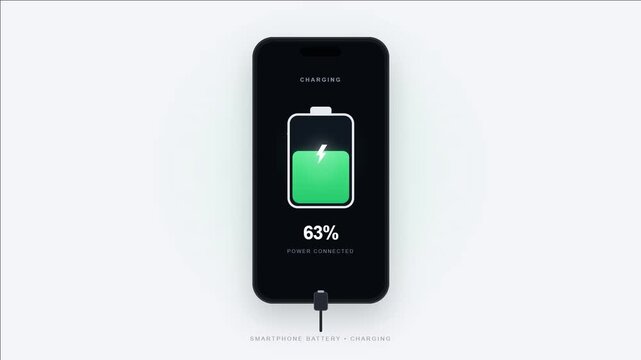 Cellphone Battery Charging Animation from 0 to 100 Percent on White Background, Minimalist Battery Level Indicator and Power Energy Concept