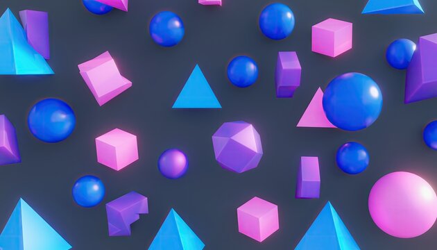 A colorful, abstract 3D render of geometric shapes in various forms and sizes scattered across a dark background.