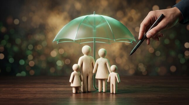 Businessman hand protecting wooden family figures under transparent green umbrella for family health insurance