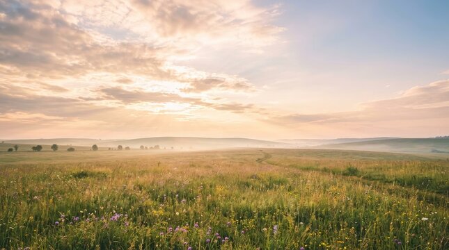 The sun rises over a vast, rolling meadow filled with wildflowers. A hazy mist blankets the distant hills, creating a serene and picturesque landscape.