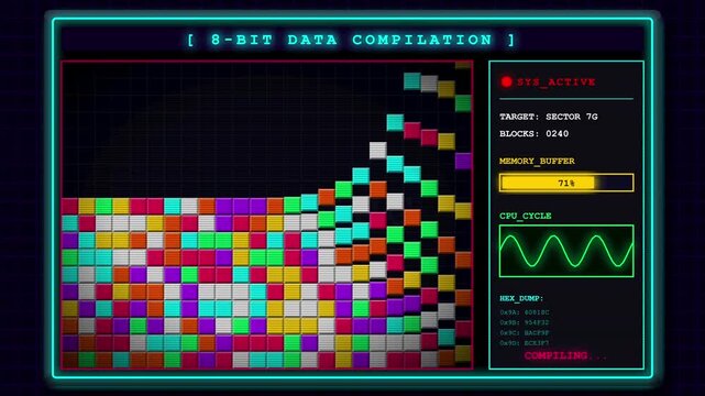Retro bit data compilation animation on a digital system interface monitor