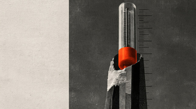 Mixed media collage of a tall measuring tube with an orange indicator on grey paper, in a clean modern style
