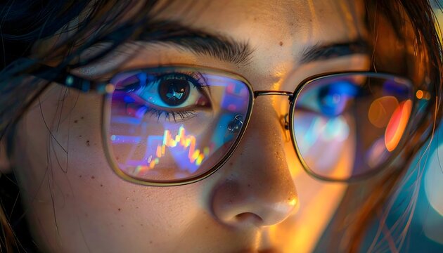 Close up of a young woman wearing glasses reflecting stock market charts.