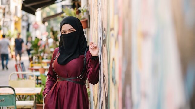 A young woman wearing a hijab and niqab standing on a city street.
