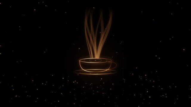 A minimalist glowing golden line art illustration of a steaming cup of coffee or tea against a dark background with subtle floating particles