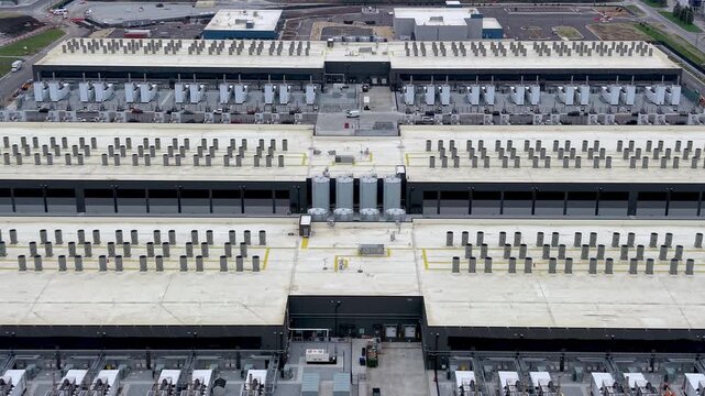 Aerial view of a massive data center building exterior