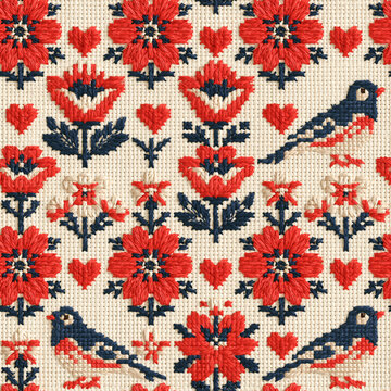 Seamless cross-stitch embroidery sampler pattern of tiny flowers and birds, with a decorative repeating design
