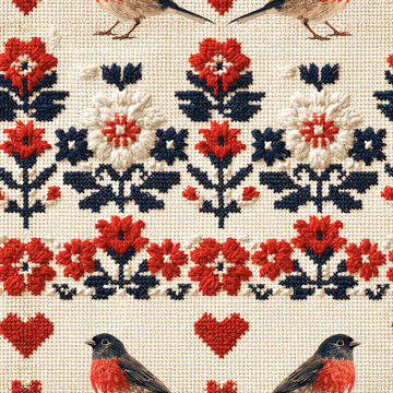 Seamless cross-stitch embroidery sampler pattern of tiny flowers and birds, ideal for wallpaper and surface design