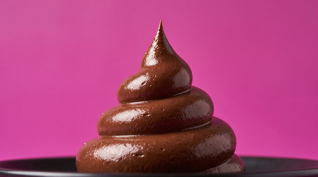 Mousse au chocolat formant une pointe brillante en gros plan sur fond rose