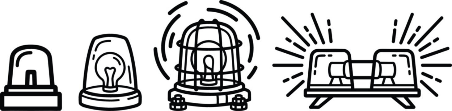Minimalist black and white vector outline icon set of emergency siren and flasher lights
