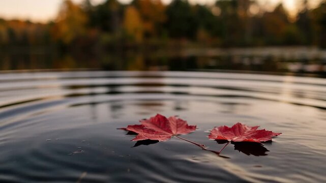 Fallen leaves on water two red leaves resting on dark still water with the far bank reduced to soft blur in low evening light cinematic slow push in shot