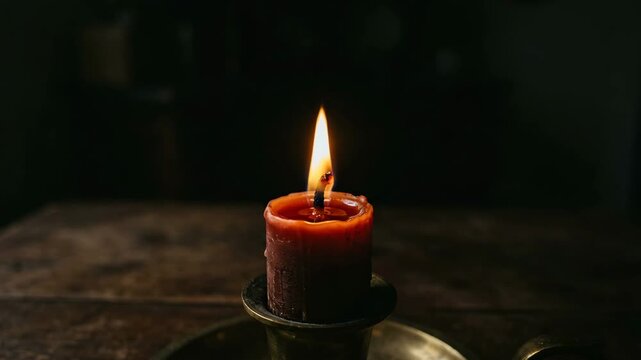 Single candle flame one lit candle in the foreground against a dark room with the flame sharp and everything beyond falling into darkness macro close up detail shot