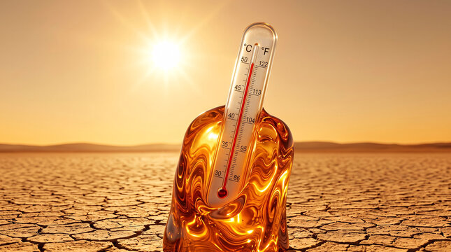Thermom&egrave;tre de forte chaleur entour&eacute; d&rsquo;une mati&egrave;re ambr&eacute;e sur un sol d&eacute;sertique craquel&eacute;
