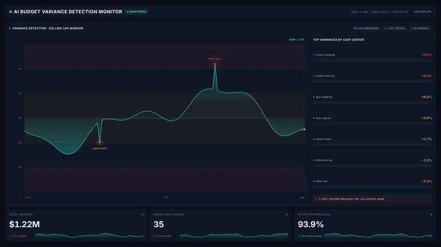 Ai budget variance detection monitor dashboard with 24 hour line chart cost center percentages, for 4k financial analytics, cloud spend tracking budget control