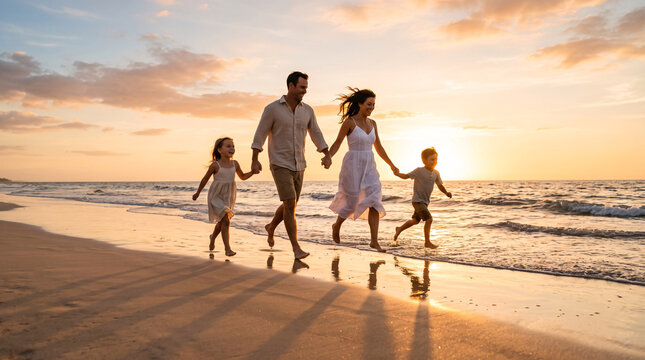 Parents et enfants courant ensemble au bord de l&rsquo;eau sous un ciel de coucher de soleil