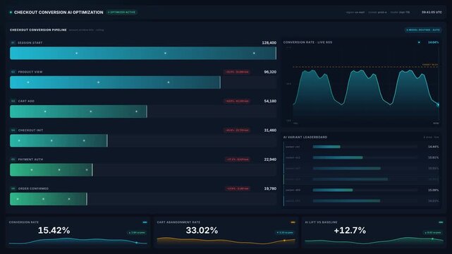 Ai checkout conversion funnel dashboard with stage drop-off rates 4k live charts, for revenue growth, marketing performance data driven decision making