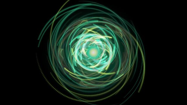 Futuristic digital hud interface with glowing green circular elements and particle effects