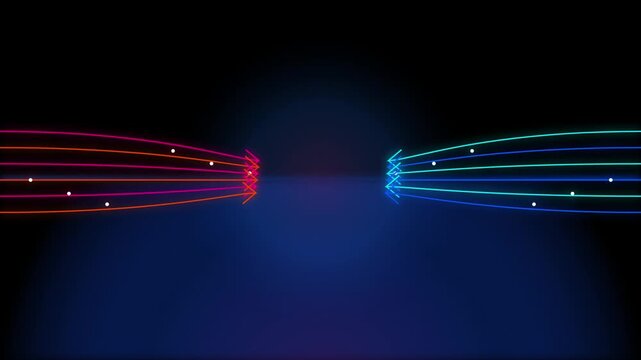 Red and blue neon light data streams racing toward each other in cyber space