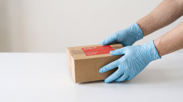 Mains gant&eacute;es manipulant un colis en carton avec &eacute;tiquette rouge