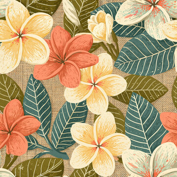 Seamless pattern of frangipani flowers and leaves in a naive folk style on linen, for textile and wrapping paper