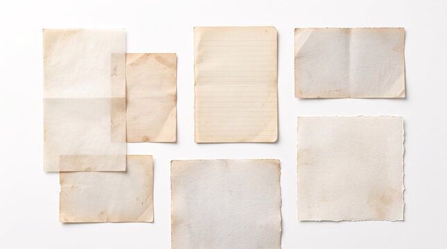 Fragments de papier ancien dispos&eacute;s sur fond blanc