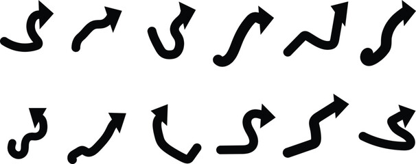 Fototapeta premium Various black curved arrow icons and a circular refresh reload symbol vector set of way direction arrow sign. Way sign. Road navigation arrows.rrow icon vector . Black long up arrow icon vector . arro