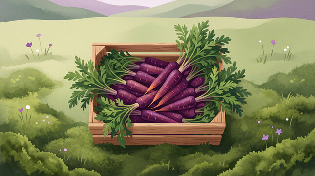 Carottes violettes dans une caisse pos&eacute;e au milieu de la v&eacute;g&eacute;tation