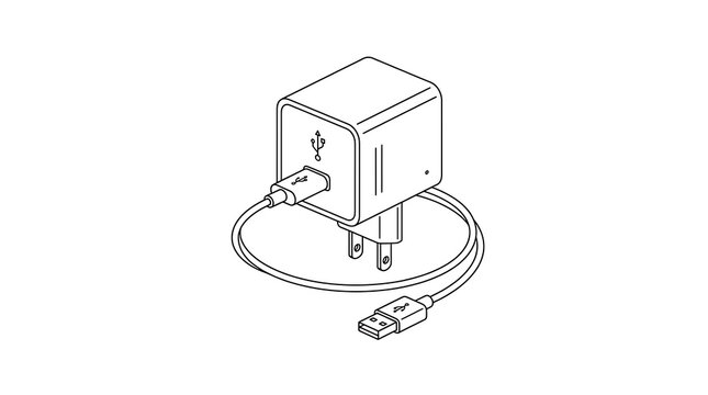 Black and white line art illustration of a wall power adapter with electric electronic charging technology