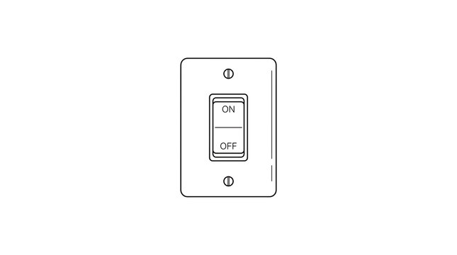 Black and white line art illustration of a wall light switch with electrical electric interior hardware isolated