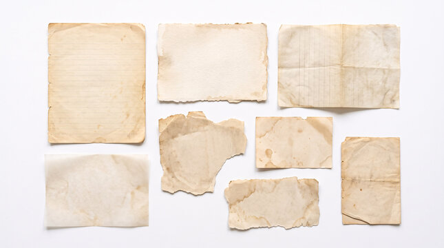 Fragments de papier ancien d&eacute;chir&eacute; dispos&eacute;s &agrave; plat sur fond clair