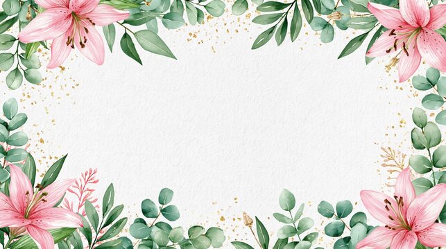 Watercolor floral frame border with pink lily flowers, green eucalyptus leaves, and golden splatters on a textured white paper