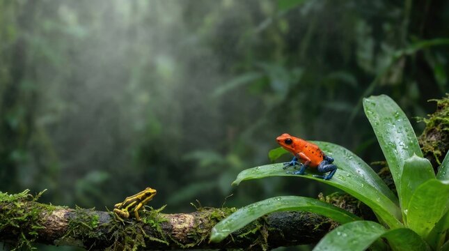 A vibrant red poison dart frog perches on a mossy branch amidst lush green foliage. Two frogs, one red and one yellow, sit on the branch.