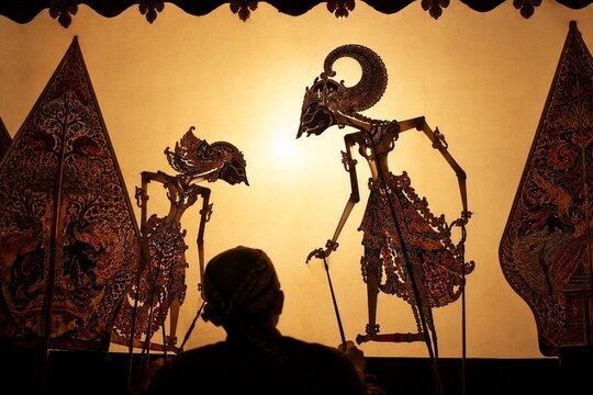Traditional Javanese wayang kulit shadow puppet performance with silhouette of dalang puppeteer, ornate leather puppets and gunungan on glowing golden screen, Indonesia