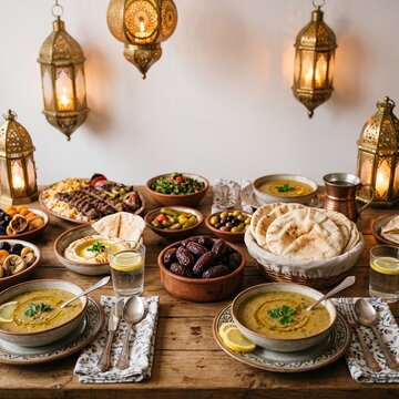 Ramadan Iftar Meal Spread with Dates Lentil Soup Kebabs and Lanterns